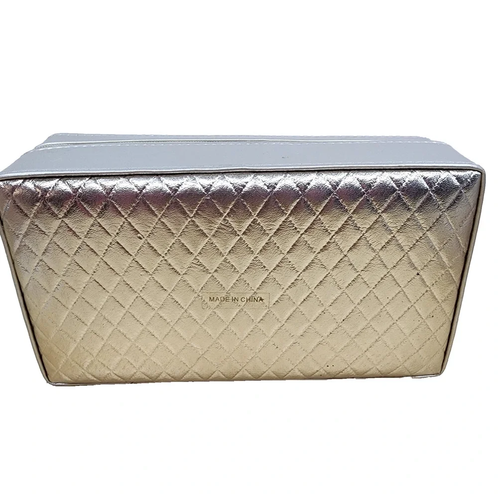 Tuscan Designs Travel Jewelry Case Box Gold Silver Quilted Faux Leather Vanity